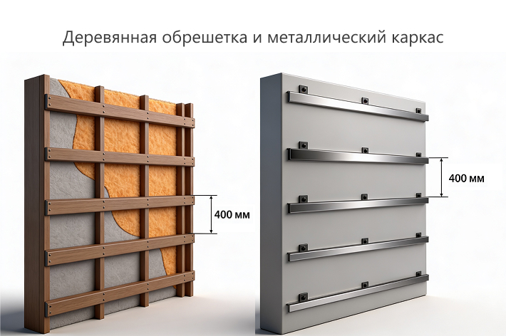 Деревянная обрешетка (слева) и металлический каркас (справа)